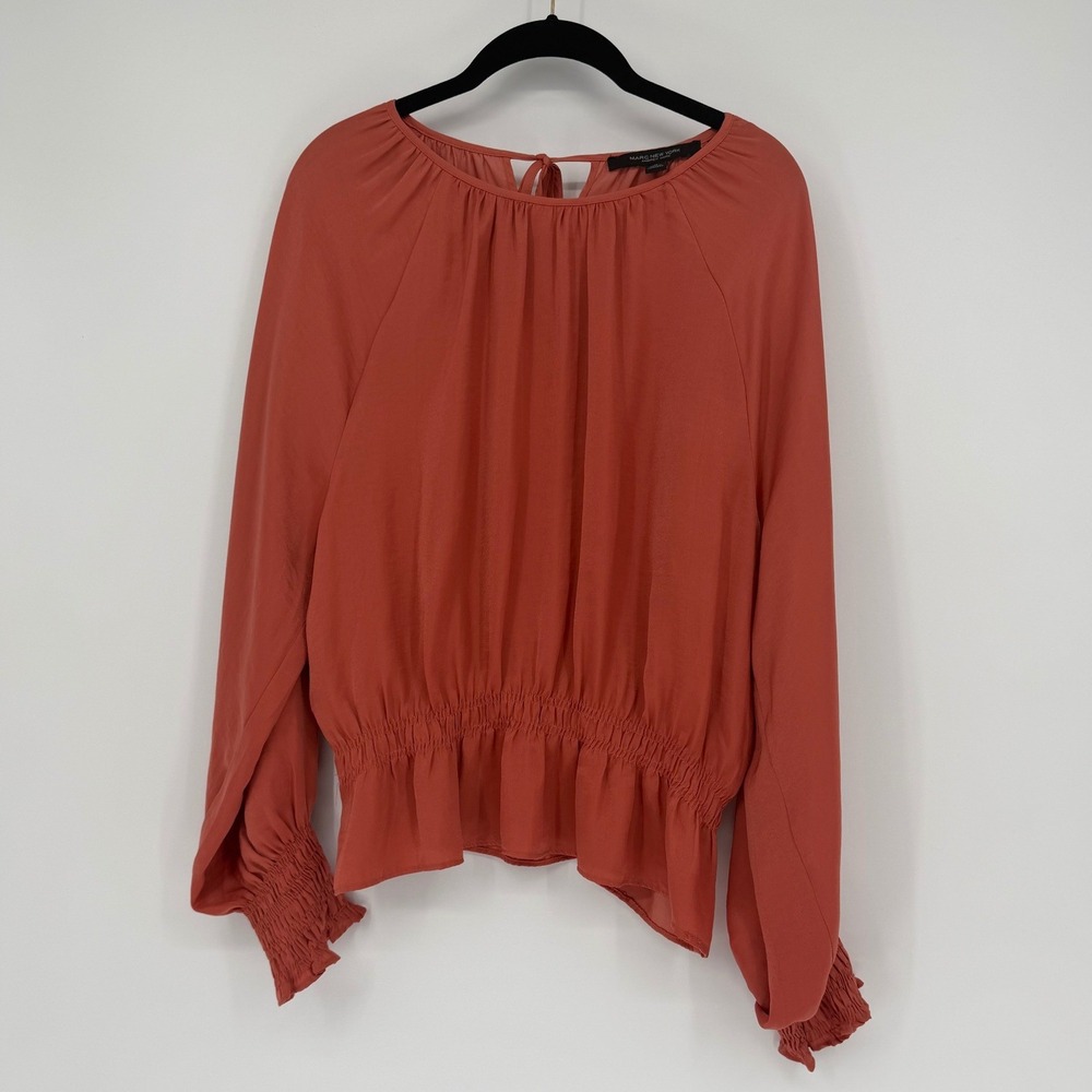 Marc New York Andrew Marc Rust Smocked Waist Peplum Blouse Terracotta Medium